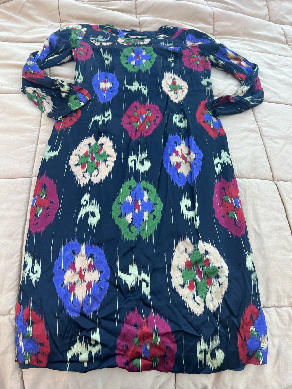 Louis Feraud Navy Silk Ikat-Style Long Sleeve Dress Multicolor Medallions Size M
